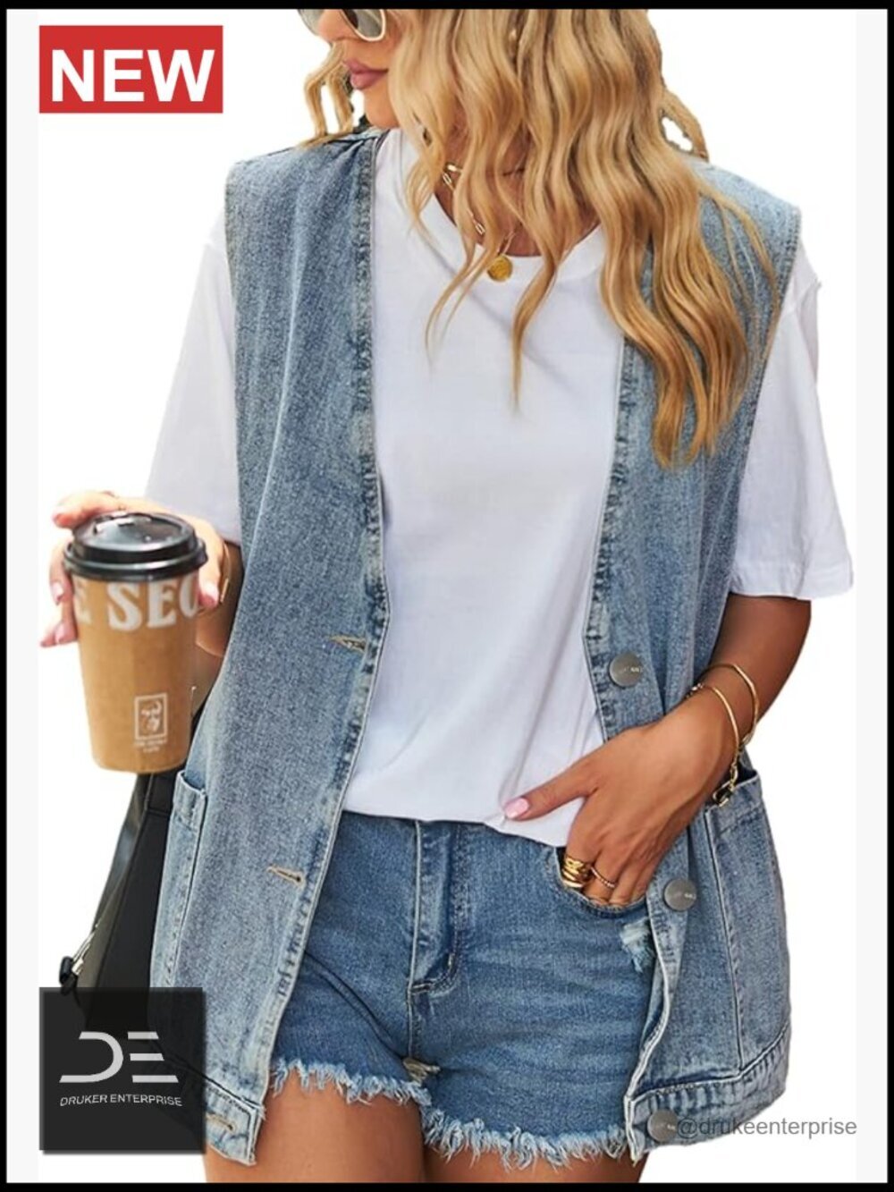 Sleeveless Oversized Denim Jean Vest Waistcoat Casual Loose Fit Button Down
